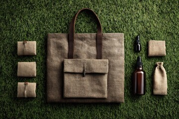 Beige canvas tote bag and natural products on green grass