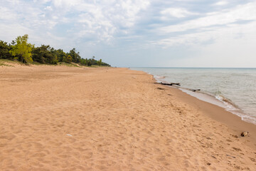 Looking north along the beach within Kohler-Andrae State Park, Sheboygan, Wisconsin, adjacent to...
