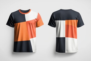 Modern, geometric t-shirt design featuring orange, black, and white color blocks, suitable for casual wear or sports activities