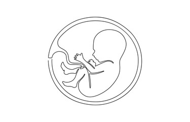 Baby embryo in womb, fetus one art line continuous drawing. Silhouette cute unborn fetus child on mother womb in minimalism, .one line drawing of baby fetus in mother's stomach in gestational age.