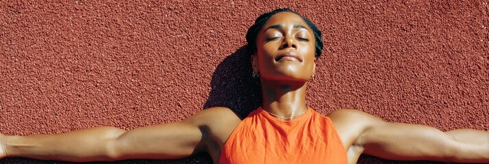 Teen Athlete Recovery on Track Surface in Bright Sunlight, Exhausted Post-Race with Arms OutstretchedAthletic Wellness and Mindful Modern Lifestyle Imagery