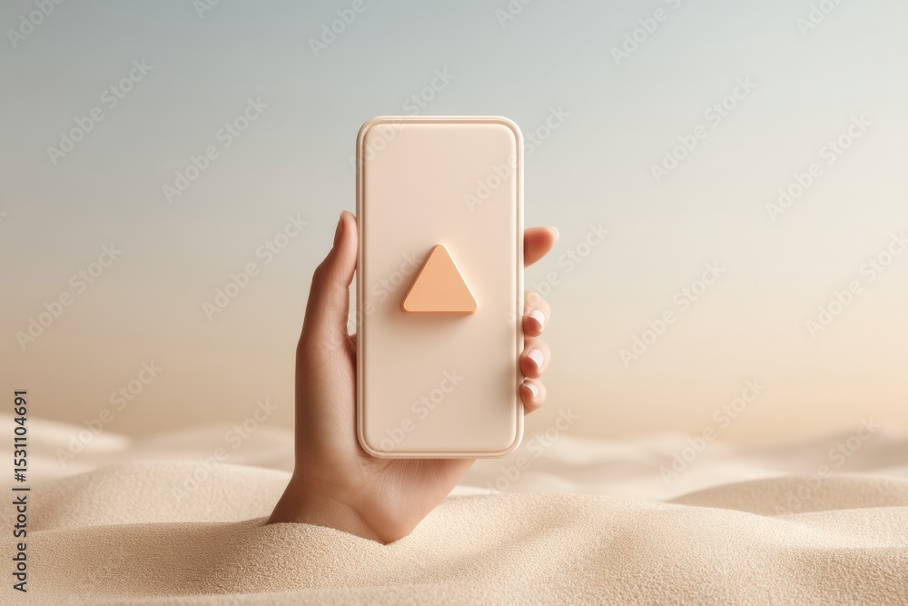 Poster minimalist smartphone with warning triangle icon held over sand textured surface - modern cybersecur