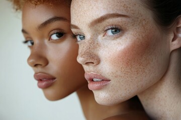 Two models with different ethnicities posing together, embracing their natural skin tones and freckles
