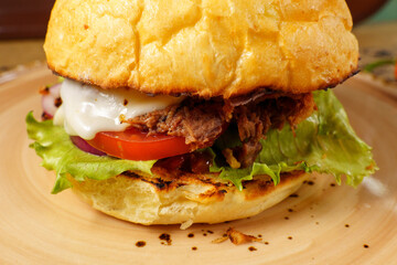 Delicious pulled pork sandwich served with fresh vegetables and creamy sauce on a toasted bun