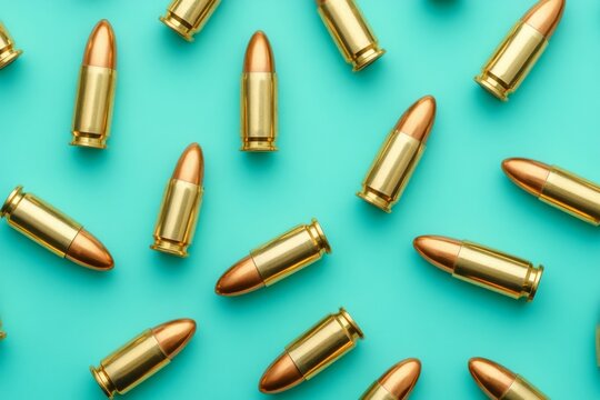 Several 9mm bullets lying on a vibrant turquoise background, creating a striking and thought-provoking visual