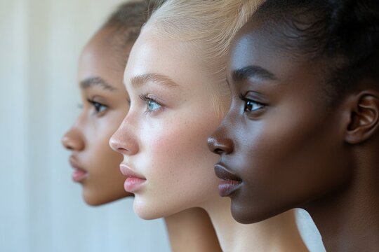 Three models of different ethnicities stand side by side, showcasing their diverse beauty and flawless skin