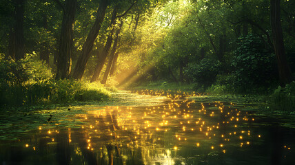 Enchanting forest river golden lights magical scene