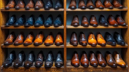 Variety of Men's Leather Dress Shoes on Wooden Shelves
