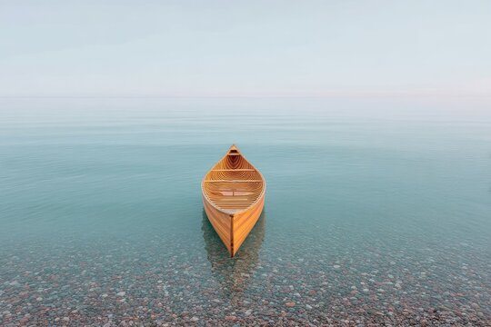 Wooden canoe on tranquil lake