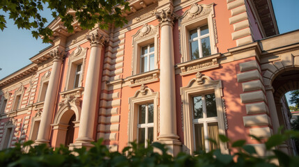 Naklejka premium Elegant building facade with intricate architectural details, featuring columns and decorative elements, surrounded by lush greenery