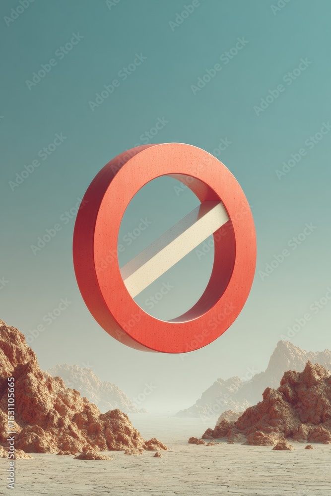 Poster Modern No Entry Sign with Bold Circular Border and Diagonal Slash Floating in Surreal Landscape for Digital Security and Policy Awareness Campaigns