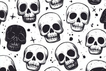 Seamless pattern featuring hand-drawn skulls and stars, evoking a spooky and mysterious halloween atmosphere