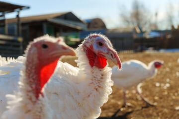 Turkey wandering freely on a farm during a sunny day, showcasing its distinctive features and...