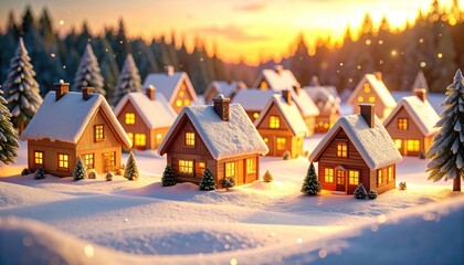 Fototapeta premium Charming winter village at sunset with snow-covered cottages and pine trees