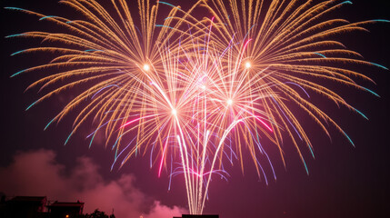 Bright fireworks display lighting up night sky with vibrant colors and patterns, creating festive atmosphere