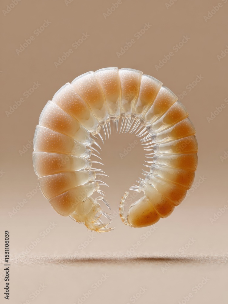 Poster macro of mosquito larva with clear segments on neutral background for entomology research and biotec