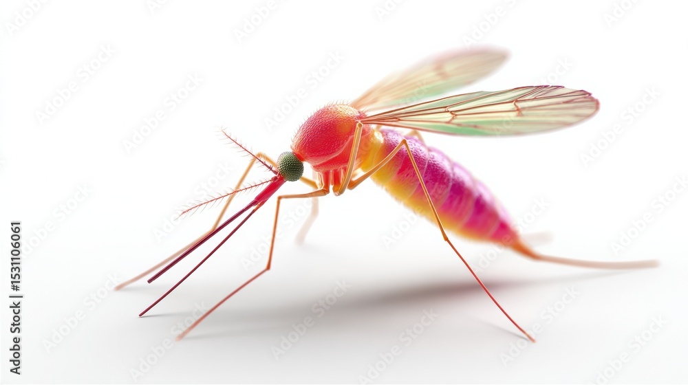 Poster detailed close-up of mosquito with vibrant color gradient on white background for scientific and hea
