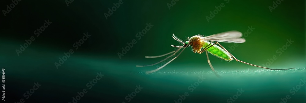 Poster detailed macro view of mosquito in flight with sharp wings and body segments on green background for