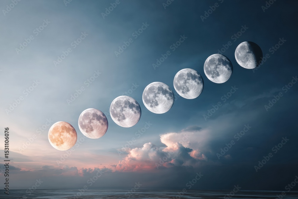Poster vertical moon phases sequence rising over ocean horizon at dusk with lunar cycle progression for ast
