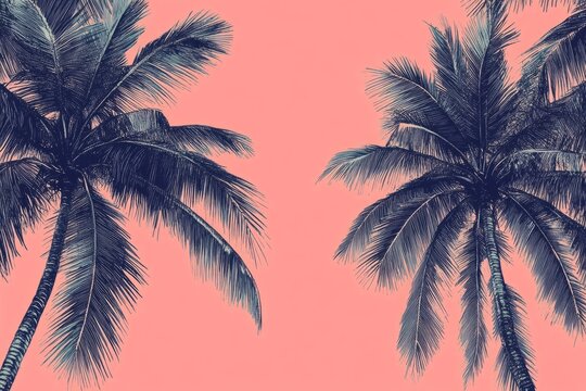 Palm trees swaying gently in the breeze, evoking a sense of tranquility and escape on a vibrant pink background