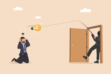 Businessman Distraught as a Thief Steals His Bright Idea Through a Doorway Using a Fishing Rod, Symbolizing Intellectual Property Theft and Idea Plagiarism.