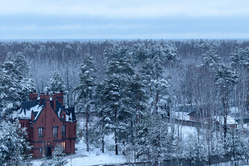 Beautiful winter landscape with a historic mansion surrounded by snow and tall trees in a tranquil forest setting