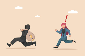 Businesswoman Chasing a Thief Who is Running Away with a Bag Full of Stolen Lightbulb Ideas, Illustrating Intellectual Property Theft and the Urgent Need for Idea Protection.
