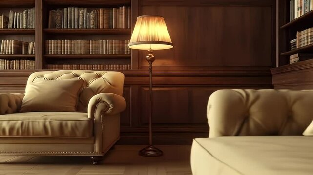 Beige Armchair in a Classic Wooden Library with Warm Lighting