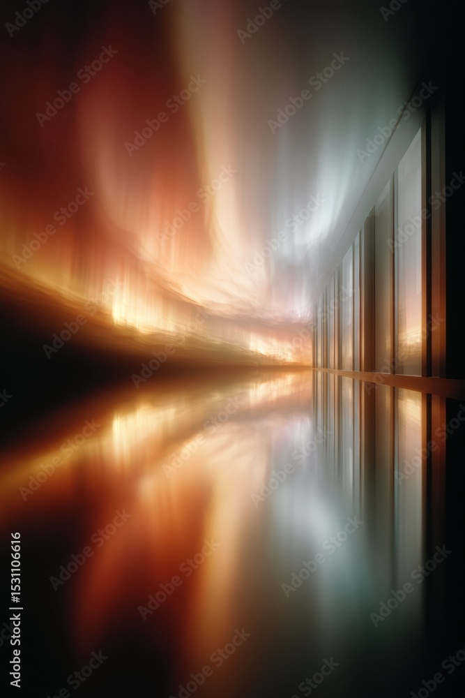 Poster abstract aurora borealis reflection with warm and cool light streams in modern interior, trendy digi