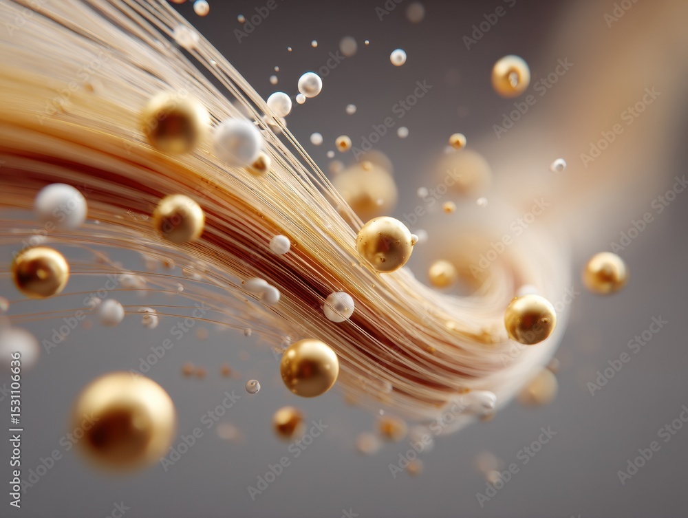 Poster futuristic flow of gold and white spheres with dynamic fiber strands in abstract digital art for mod