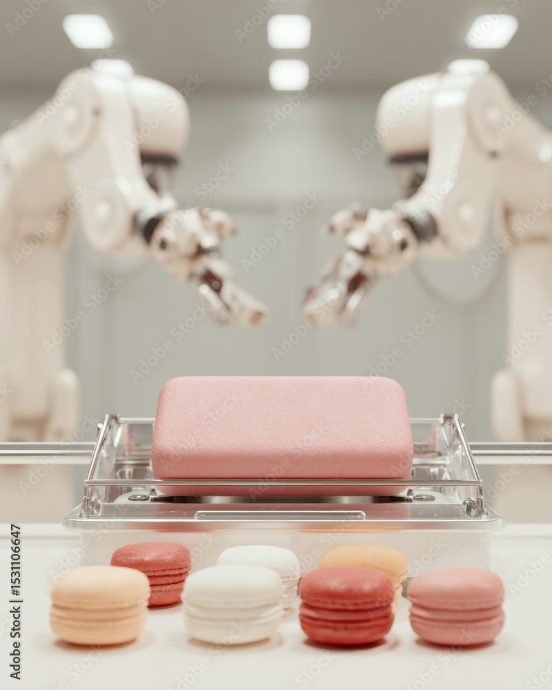 Aufkleber Modern automated robotic arms assembling colorful macarons with precise alignment in futuristic bakery production line for advanced food tech marketing