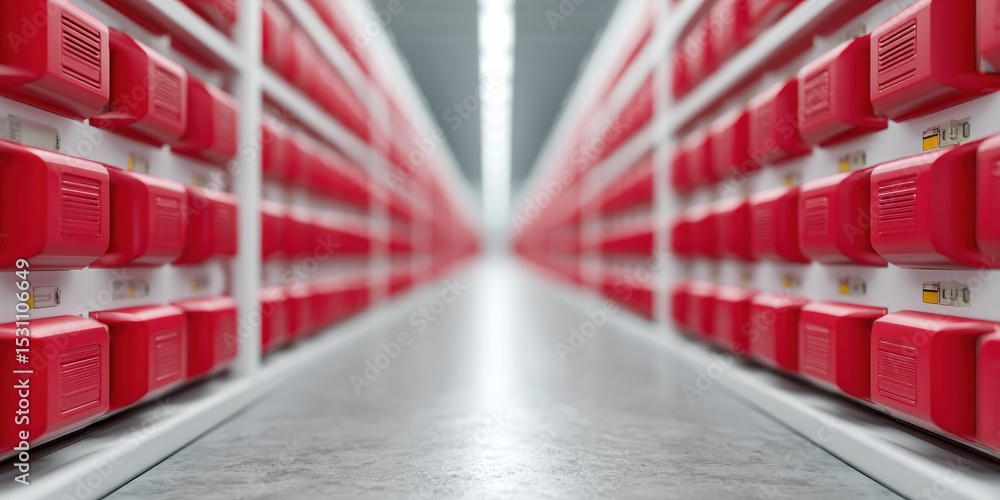 Poster high-tech industrial lithium ion battery backup room with red stacked units on racks for sustainable