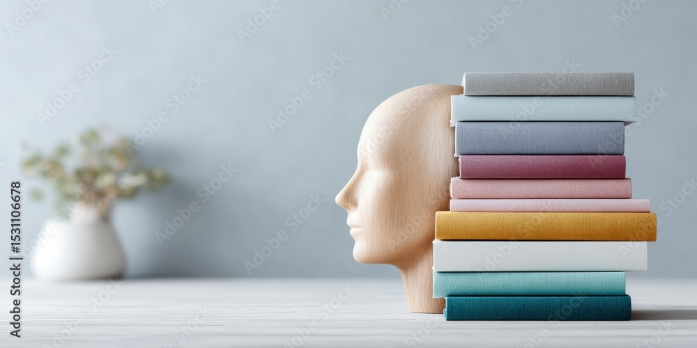 Aufkleber lifelong learning concept with wooden human head and colorful threads connecting books on desk for s