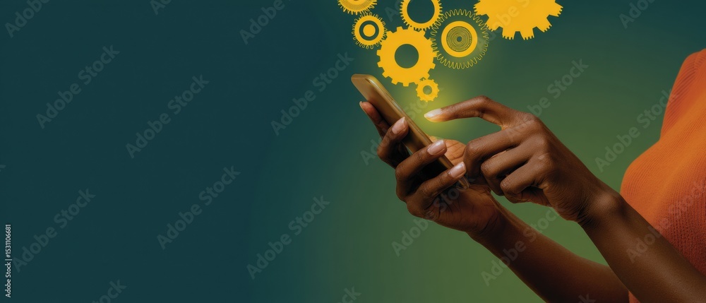 Aufkleber Modern Business Technology Concept with Smartphone and Floating Interconnected Gears Signifying Agile Workflow and Strategic Transformation