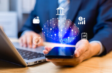 Businessman using artificial intelligence for financial and banking analysis. Fintech, application...