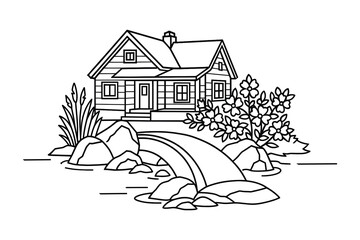 Detailed vector illustration of a house by a bridge. Serene landscape design element.