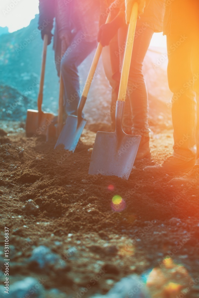 Poster collaborative groundbreaking ceremony with professional launch site team turning soil at constructio