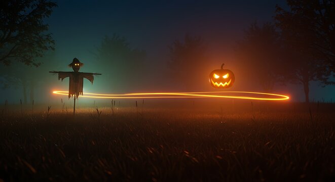 Halloween Scarecrow and Pumpkin in Foggy Field