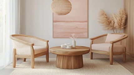 Light beige wooden armchairs with round coffee table in a pastel pink living room.