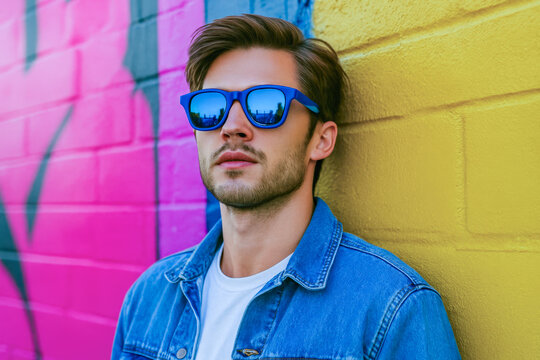 A man in stylish sunglasses stands against a colorful mural, showcasing a relaxed attitude in a lively city atmosphere - Powered by Adobe