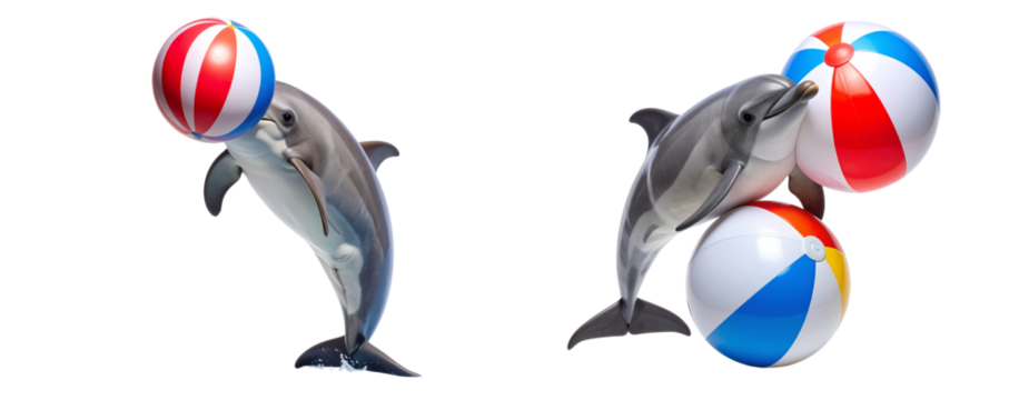 Untitled design - Dolphin balancing a colorful beach ball on nose playful pose isolated on Transparent Background PNG