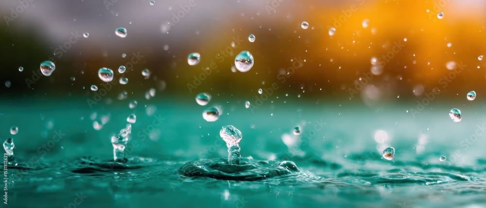 Poster close-up of heavy raindrops splashing on wet asphalt with blurred natural background, symbolizing cl
