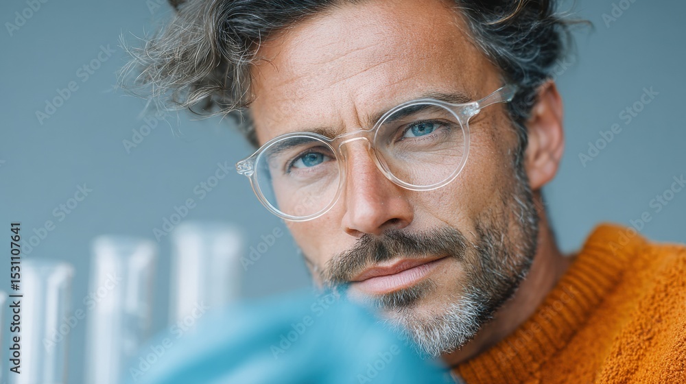 Poster focused professional man with glasses managing crypto hardware wallet connected to laptop at modern 