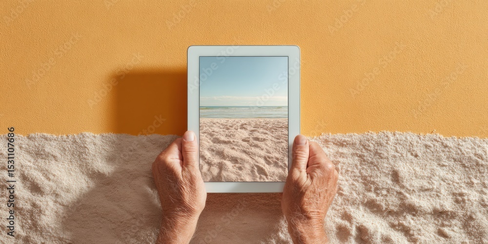Poster modern tablet displaying 360-degree virtual beach tour interface for remote real estate exploration 