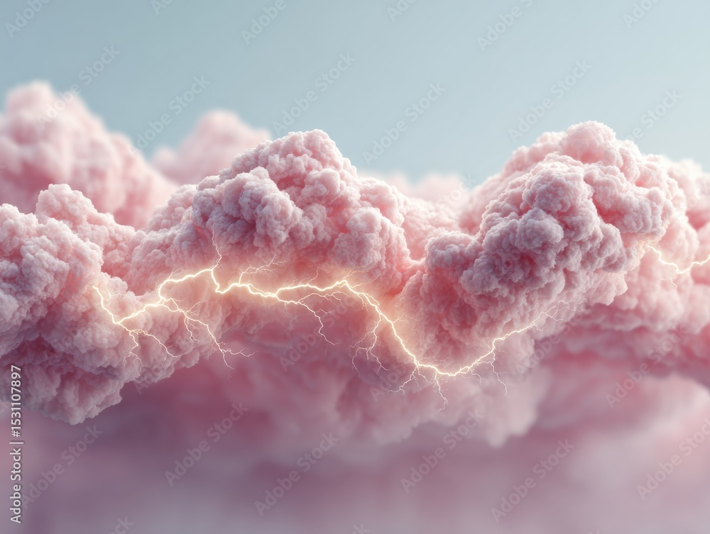Poster soft pink textured clouds with glowing lightning strike, surreal atmospheric composition blending na