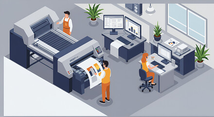 Isometric illustration showcasing a modern printing office with staff and equipment