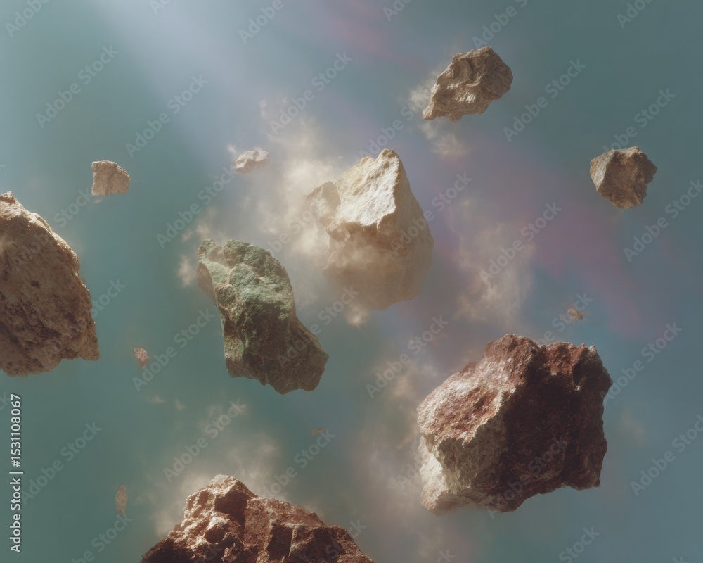 Poster Explosive Floating Rock Fragments with Dust Trails in Neutral Sky Background for Dynamic Marketing and Breakthrough Innovation Visuals