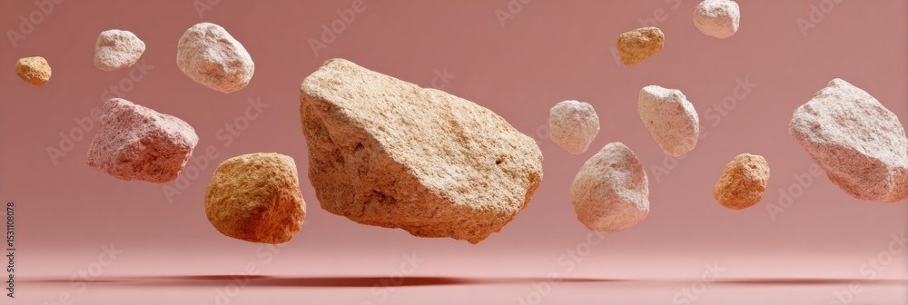 Poster Asteroid Debris Cluster Floating in Space with Textured Rock Fragments on Minimalistic Background for Modern Science and Tech Branding Concepts