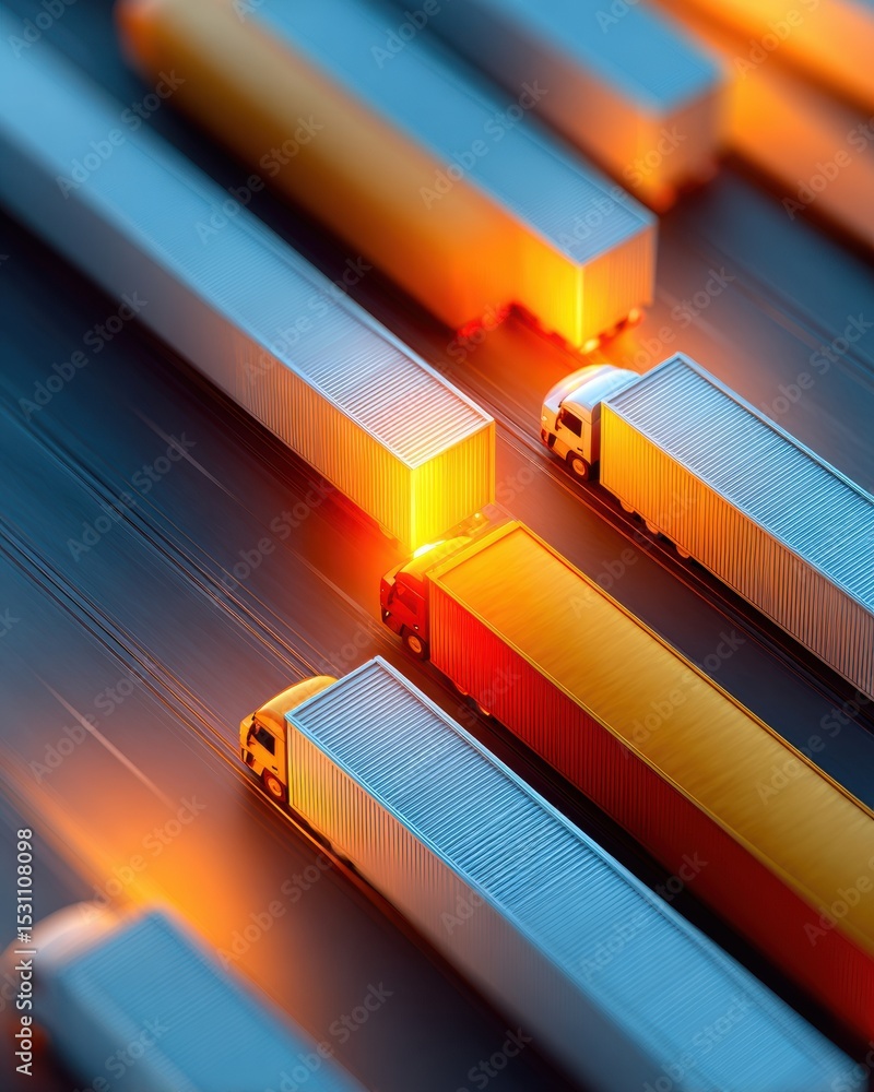 Poster modern semi truck fleet at logistics hub with illuminated containers representing efficient supply c