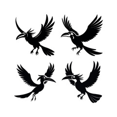 Fototapeta premium Four black silhouette hornbill birds in flight graphic design